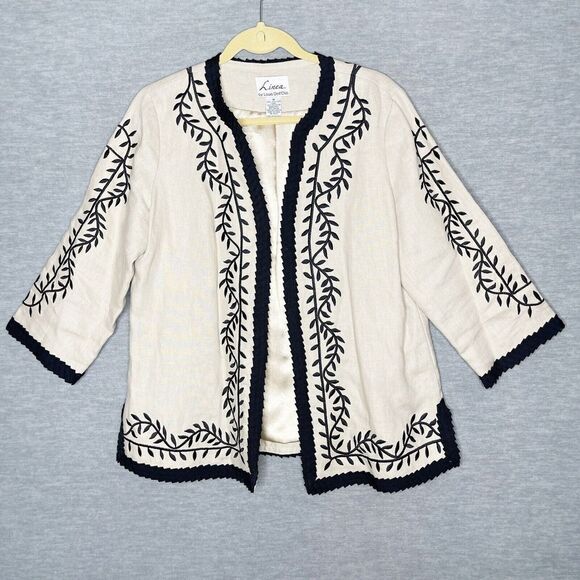 Linea Louis Dell'Olio Blazer Jacket Size Medium 100% Linen Embroidered‎ Career - Picture 1 of 6